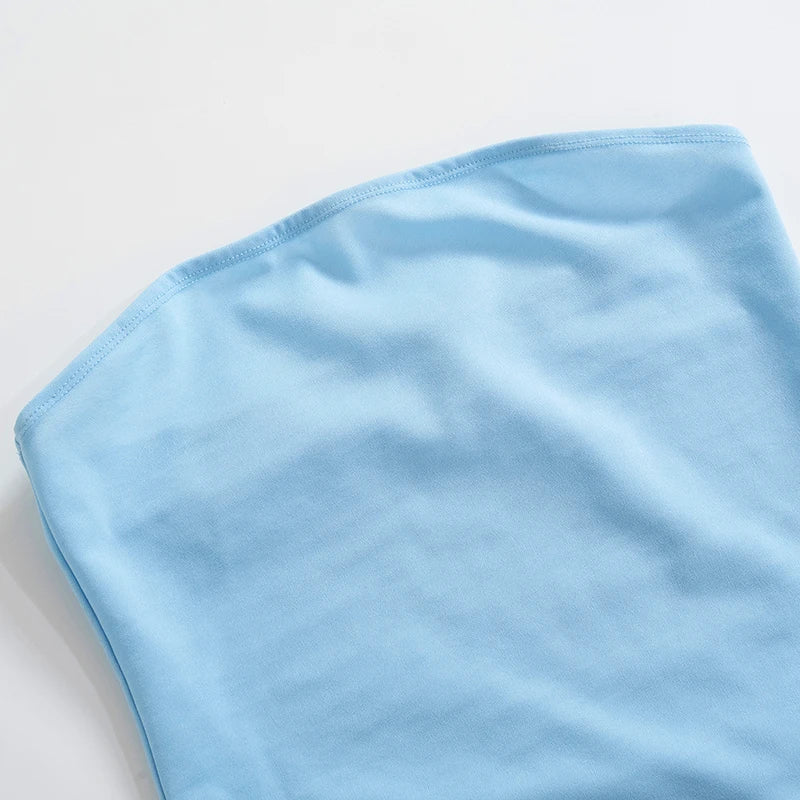 Women Soft Tender Slight Blue Strapless Wrap Hipster Mini Pleated Dress Pullover Sexy
