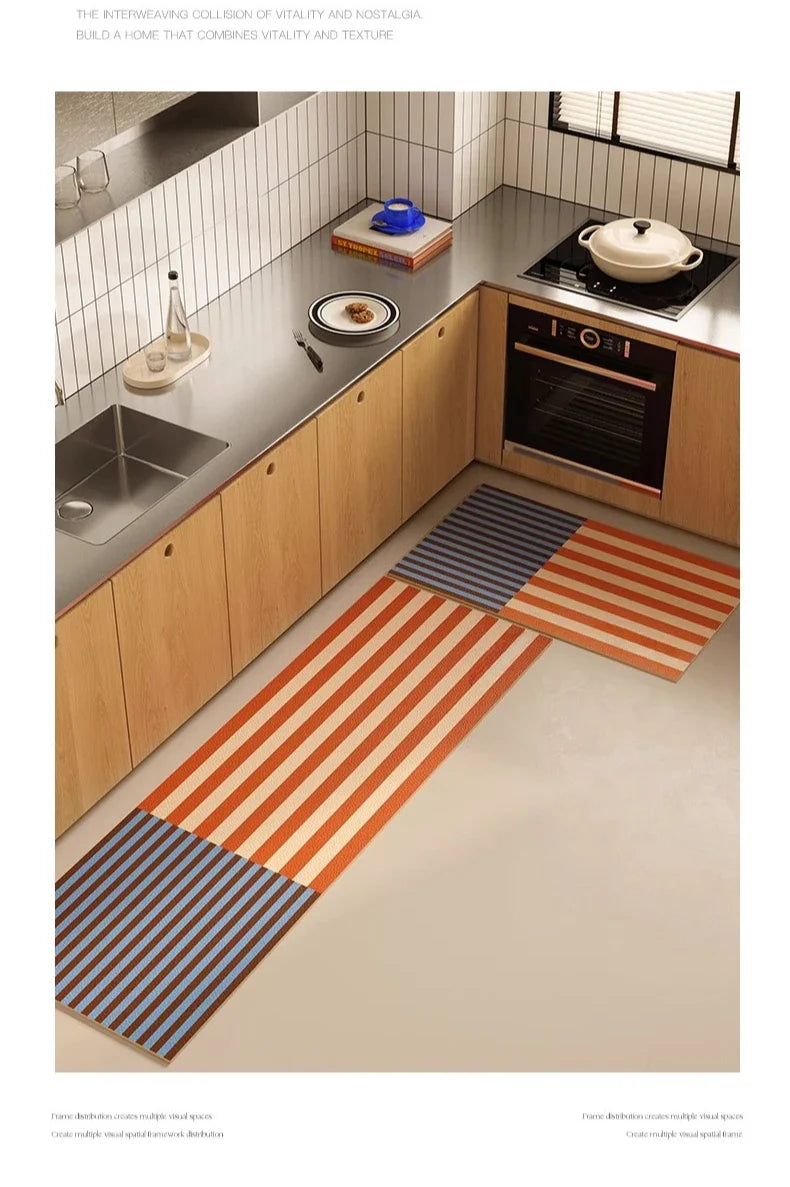 Kitchen Carpet PVC Waterproof and Oil-proof Carpet Easy To Clean Cushioning Rugs Artistic Striped Decorative Carpet Mats