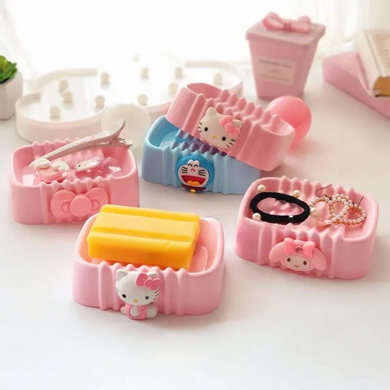 Sanrio Kawaii Hello Kitty Soap Tray Cartoon Soap Dish Non-slip Drain Travel Home Bathroom Soap Box Bathroom Accessories