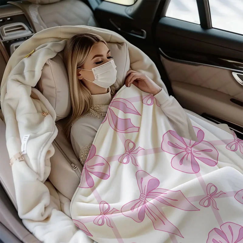 Pink Bow Blanket, Flannel Decorative Blanket, Bedding Accessories, Soft Cozy Warm Blanket