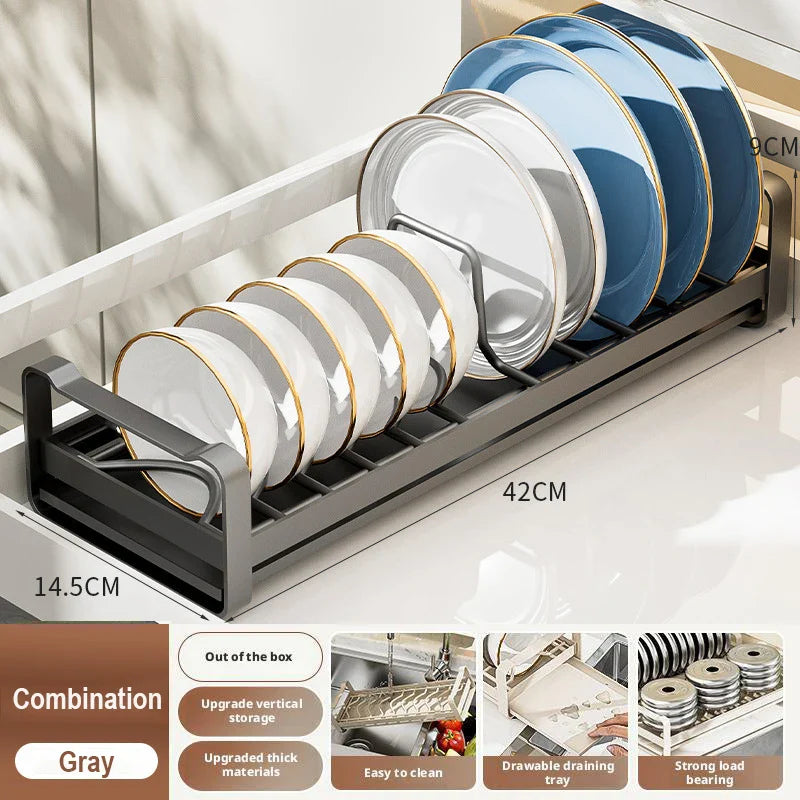 Pull Out Cabinet Dish Storage Rack Stainless Steel Plate Drain Stand Holder Kitchen Drawer Built-in Bowl Rack Basket Organizer