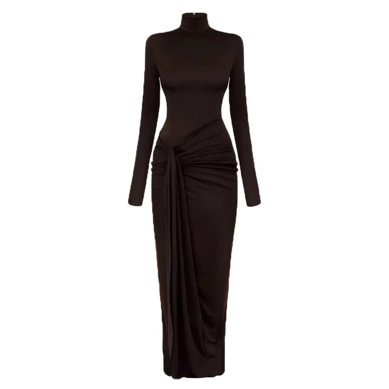 Pleated Bandage Long High Waist Slim Patchwork Long Sleeve Elegant Women's Maxi Dress