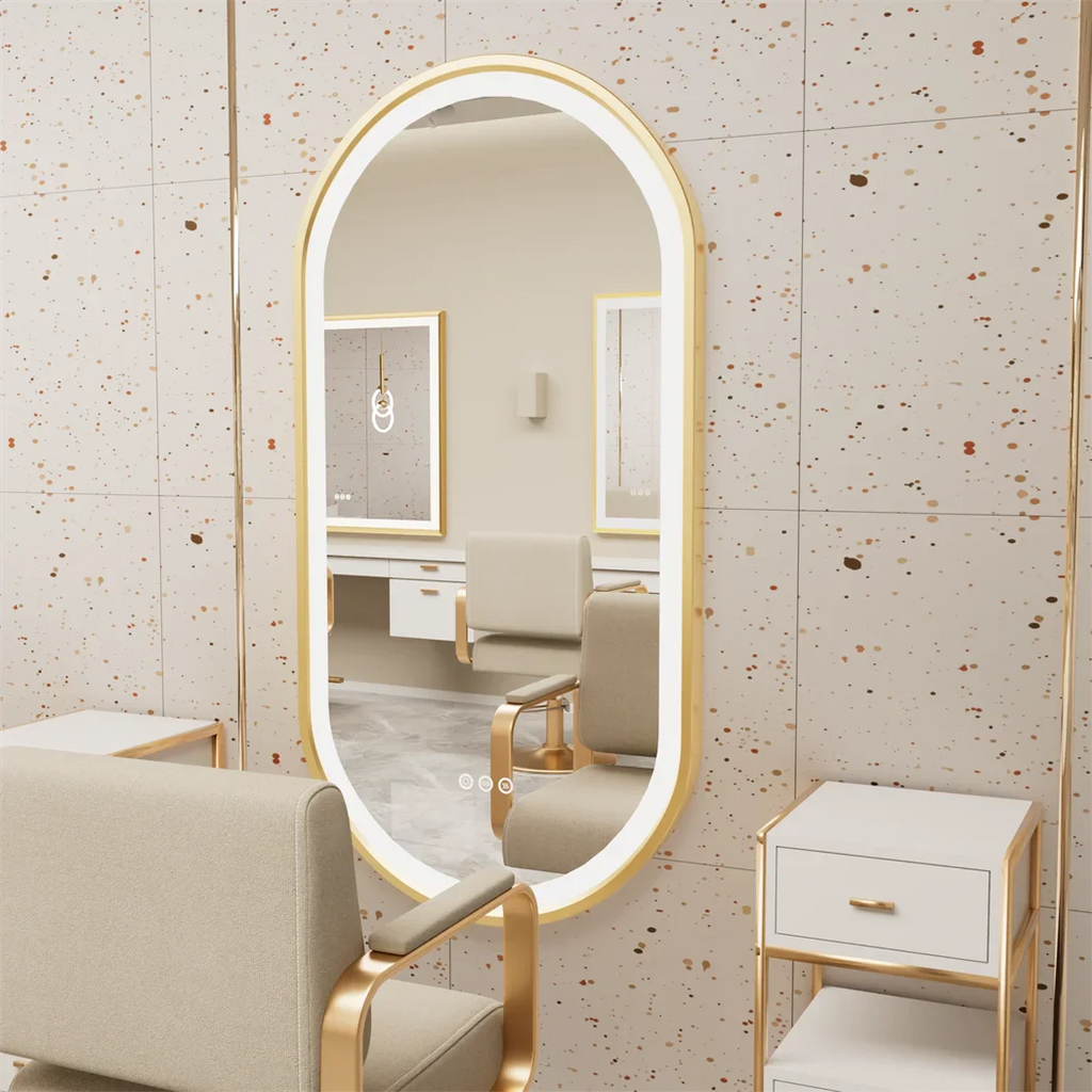 Luxury Oval Led Illuminated Bathroom Mirror Gold Aluminum Frame with Demister Pad