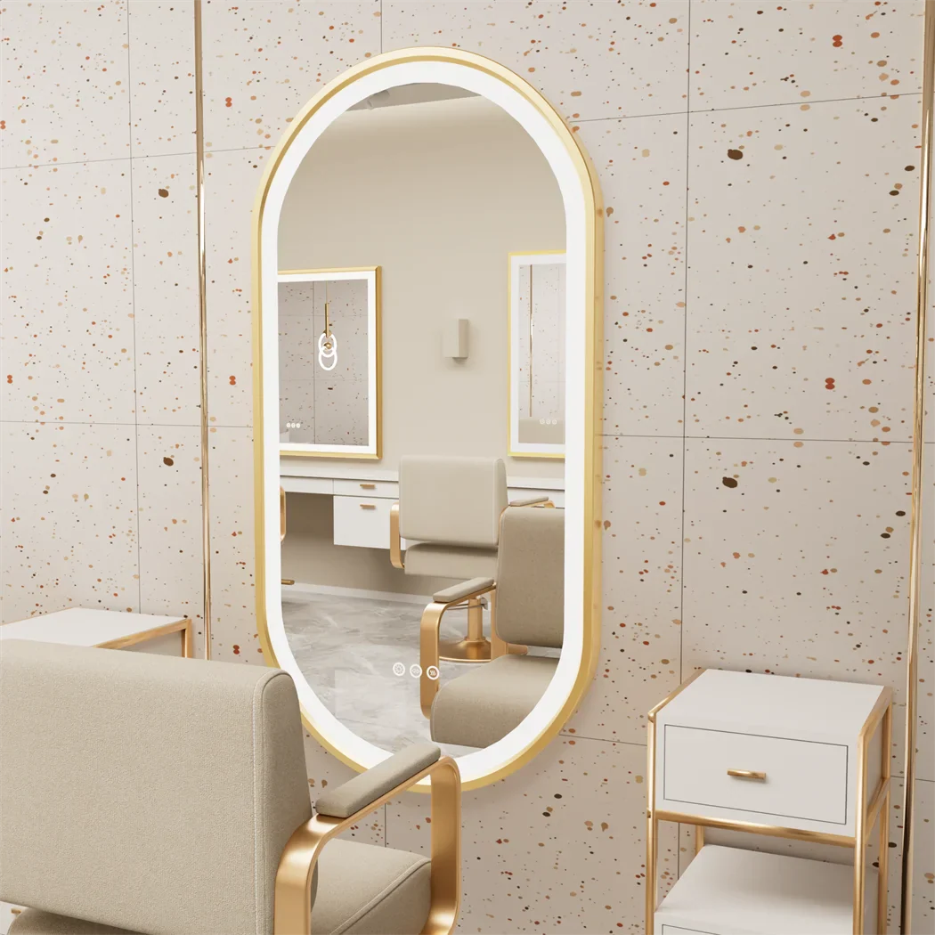 Luxury Oval Led Illuminated Bathroom Mirror Gold Aluminum Frame with Demister Pad