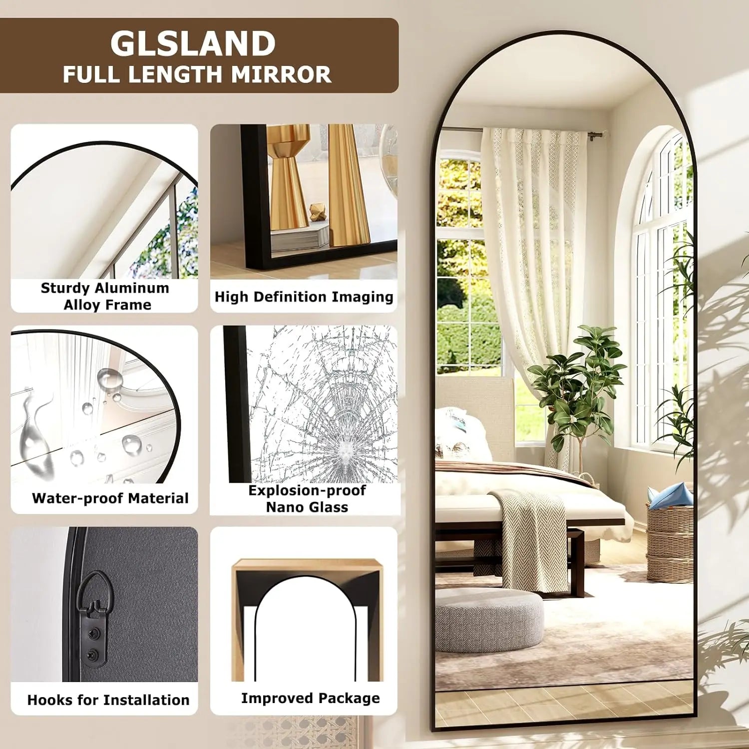 Full Length Arched Mirror-Aluminum Alloy Frame High Definition-Full Body Mirror for Bedroom or Living Room