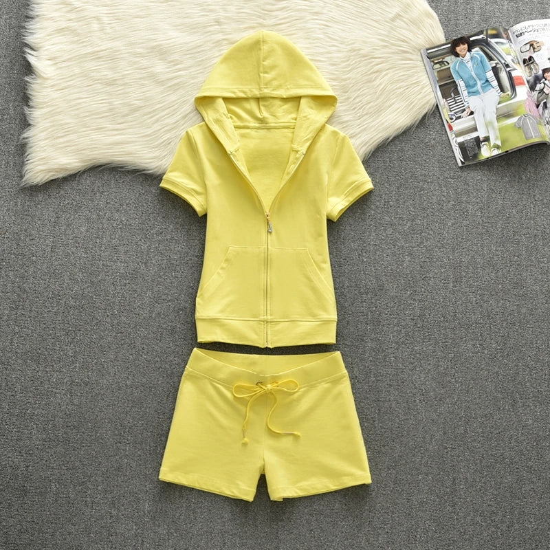 Summer Cotton Hoodie Sport Set Women's Solid Color Short Sleeve Shorts JC Summer Casual Fashion Two Piece Set