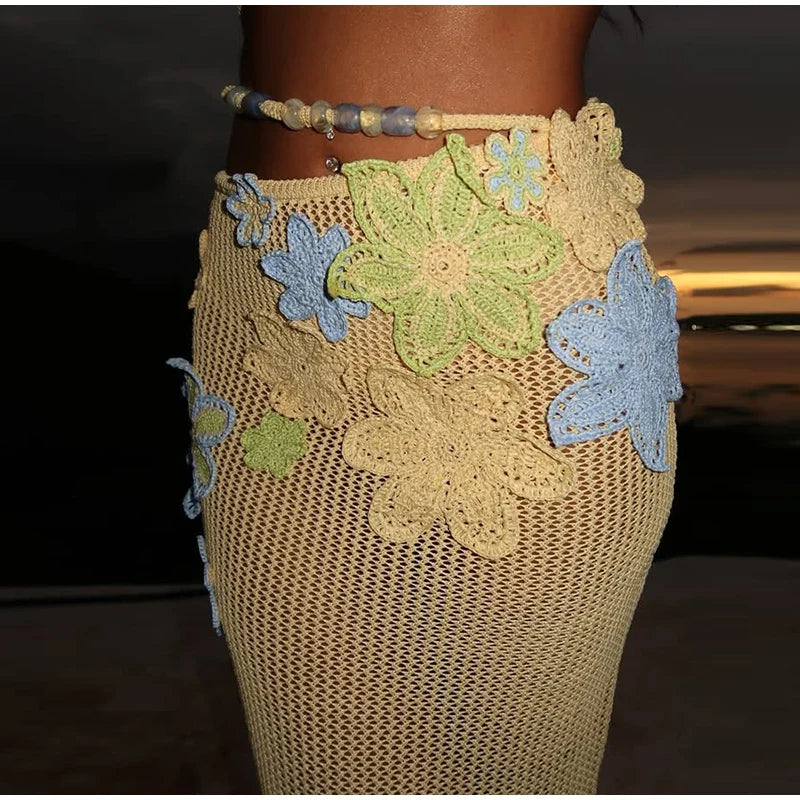 Sexy Beach Women's Set Beading Flower Crochet Crop Top Slim Maxi Skirt Female Suit Summer Hollow Out Knit Lady Dress Sets
