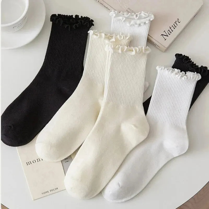 Pairs Lot Socks for Women Ruffle Middle Tube Ankle Short Breathable Black White Set Spring Autumn