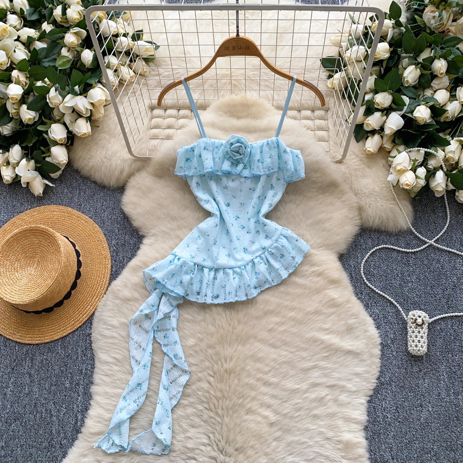 Ladies Floral Summer Camisole Sleeveless Irregular Slim Camis Women 3D Flower Ribbon Design Print Top