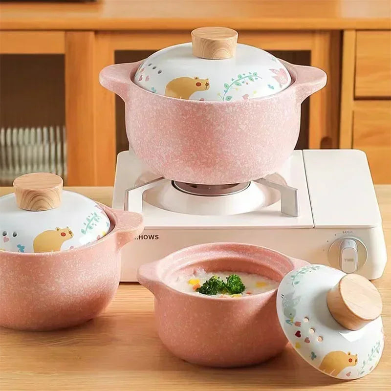 Ceramic Casserole Korean Cartoon Ceramics Soup Pot Cute Pink Saucepan Cookware Utensils Clay Pan Home Kitchen Cooking Supplies