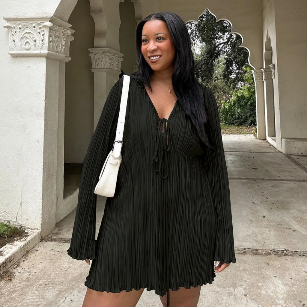 Long Sleeve Women V-neck Pleated Dress Casual Streetwear Plus Size Mini Dresses Party Casual