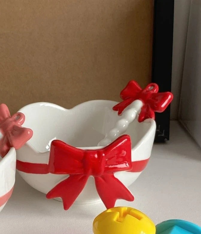 Ceramic Cute Heart Bow Bowl & Spoon Home Tableware High Temperature Resistant