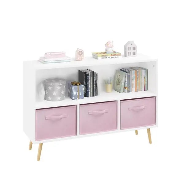 White/Pink Kids Bookcase with Collapsible Fabric Drawers, Children's Book Display, Toy Storage Cabinet Organizer