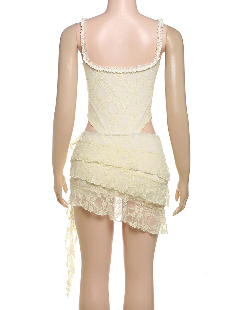 Jacquard Elegant 2 Piece Women Low-Neck Sleeveless Bodysuits+Ruched See Through Tassel Skirt Suits