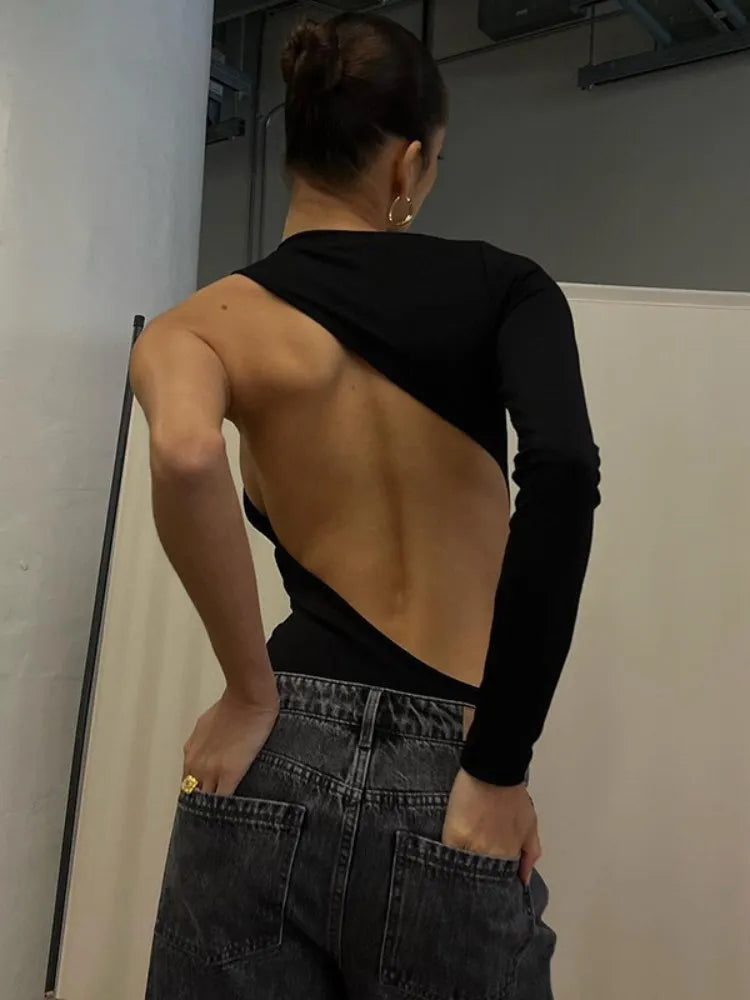 Streetwear Y2K Sexy One Shoulder Long Sleeve Backless Skinny Jumpsuit Ladies Aesthetic Bodycon Bodysuits