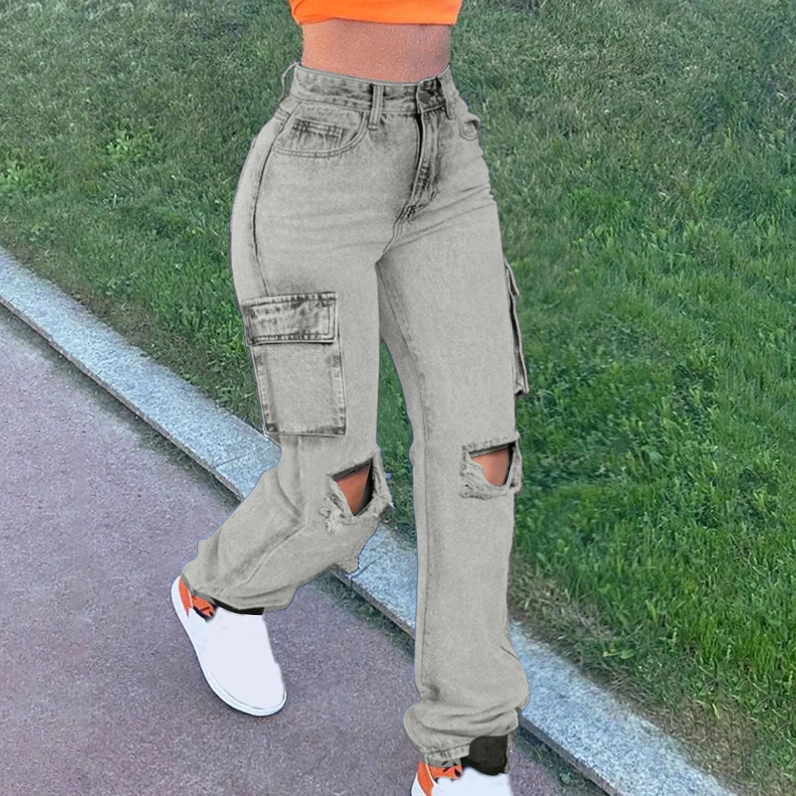 Women's Washed Baggy Pocket Cargo Straight Trousers Jeans Ladies Streetwear