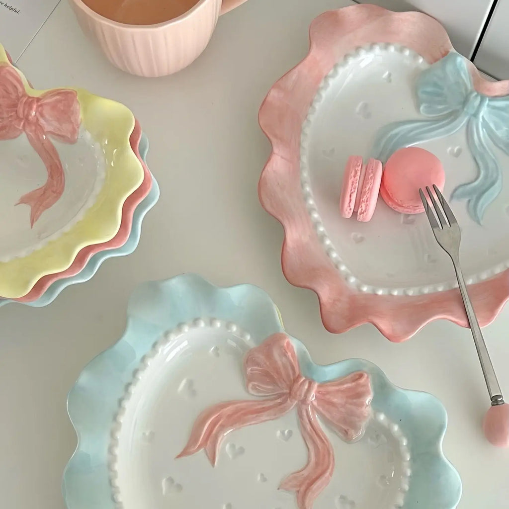 Cute Wave Edge Bow Knot Love Wave Dot Ceramic Lace Girl Tableware