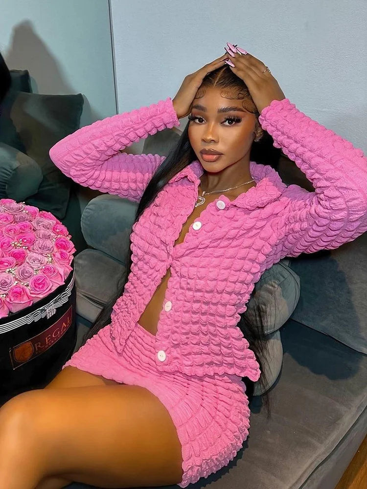 Cute 2 Two Piece Set Women Skirt Long Sleeve Button Top+Mini Skirt