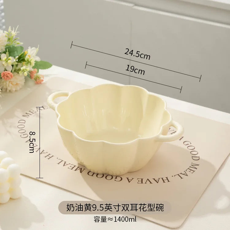 Strawberry Double Ear Ceramic Bowl,Cream 6.5-inch 9.5-inch Soup Bowl with Handle Home