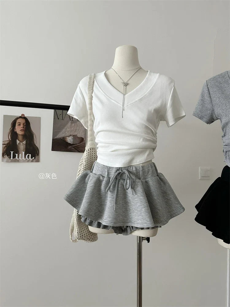 Women Preppy Elastic Waist Mini Skirt 2000s Coquette Design Shorts