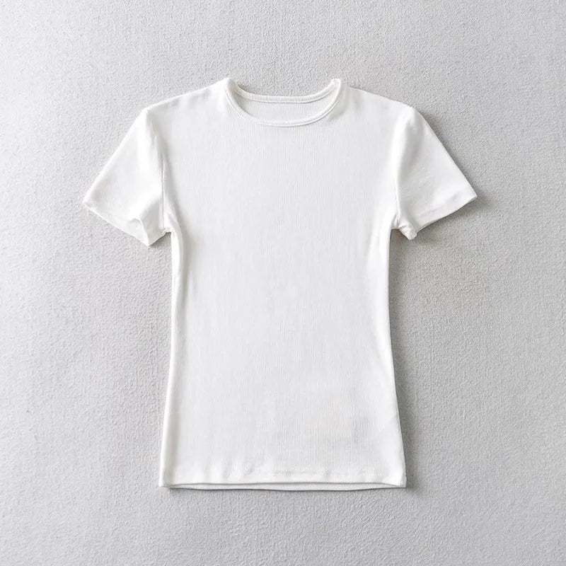 Summer Woman Skinny Fit T-shirt Tight Short-Sleeve O-neck Tee Basic Solid Crop Tops T Shirt