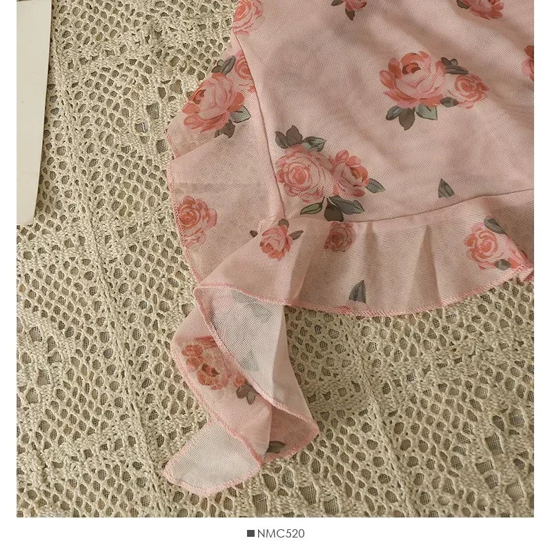 Girls Sweet Ruffles Mesh Camisole Top Lady Camis Sleeveless Printed Floral T shirts Stretch Slim Tanks For Slim Women