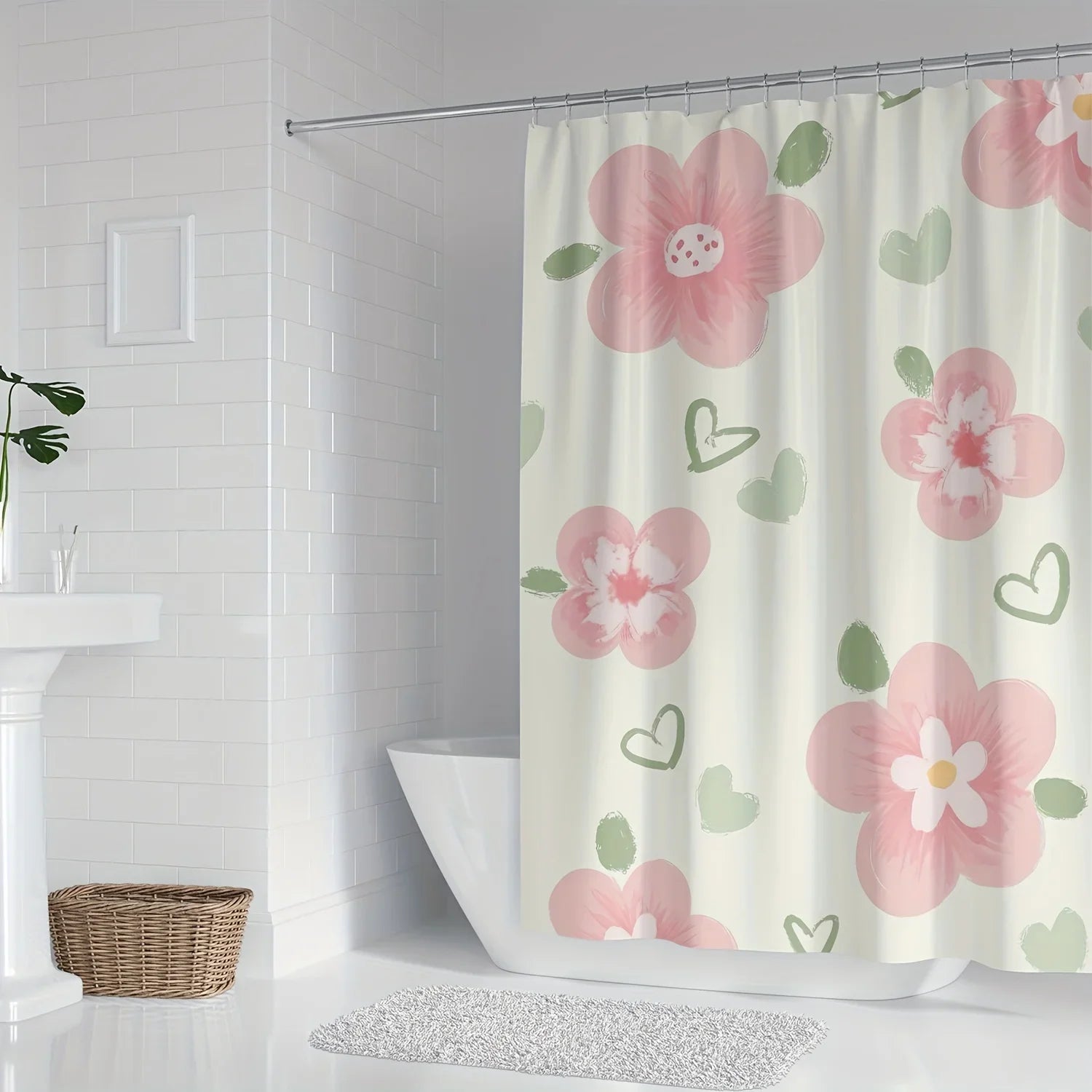 Pink Floral and Heart Print High Quality Shower Curtain - Cute and Stylish Bathroom Decor with Hooks, Polyester Fabric