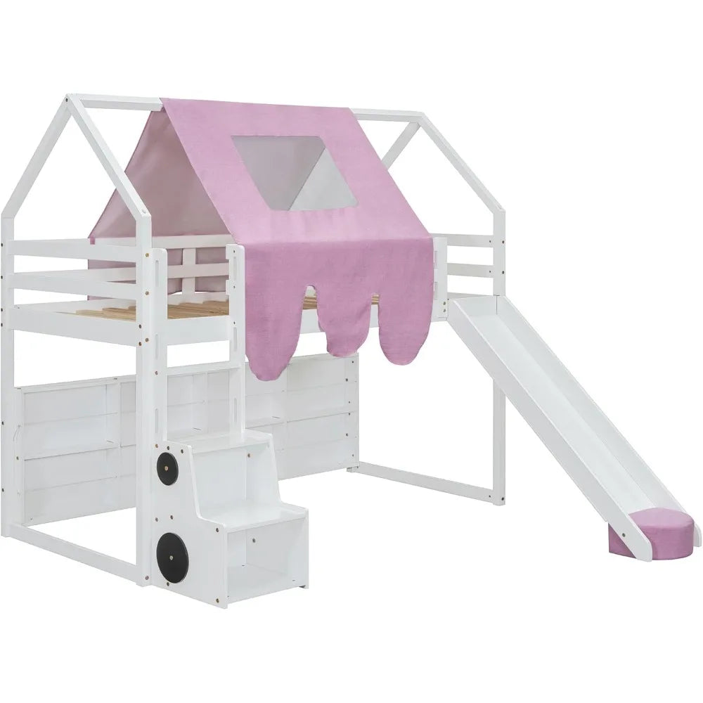 Twin House Loft Bed with Stairs and Slide, House Loft Bed with Storage Shelves,Stairway Playhouse Beds with Roof Tent and Ladder
