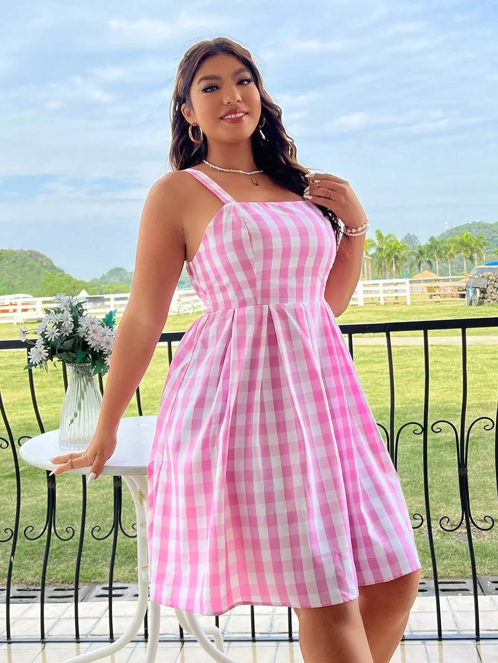 Plus Size Women's Summer New Plaid Smock Dress Sling Square Neck Dress Polyester Best for Summer
