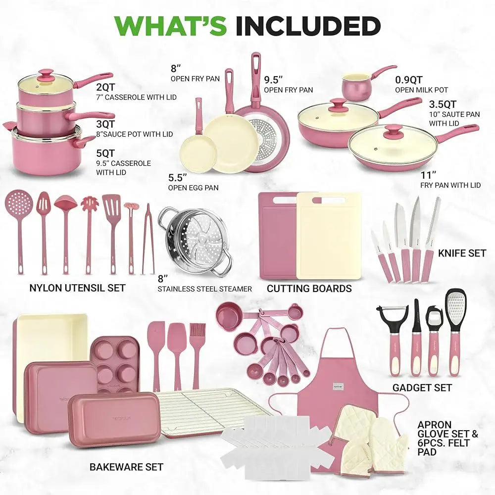 Complete Kitchen 54 Piece Cookware Set Non Stick Ceramic Pots Pans Utensils Bakeware Knife Cutting Boards All Cooktops