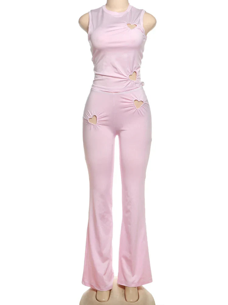 Heart Hollow 2 Piece Set Women o-Neck Sleeveless Tops+Skinny Stretch Pants