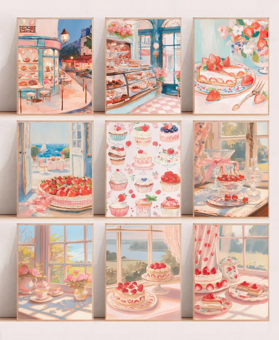 Retro Pink Cake Shop Dessert Gourmet Strawberry Cake Tea Poster Canvas Painting Prints Art Pictures Wall Decor