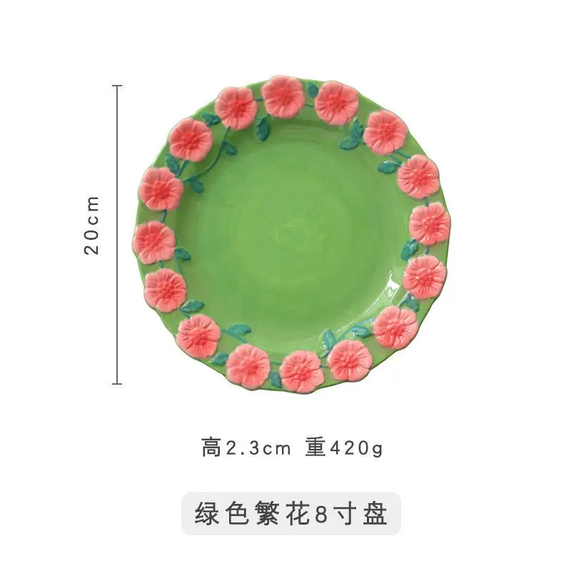 Flower Plate Embossed Small Flower Dessert Plate Ceramic Plate Under Glaze Colored Hand-painted Tableware