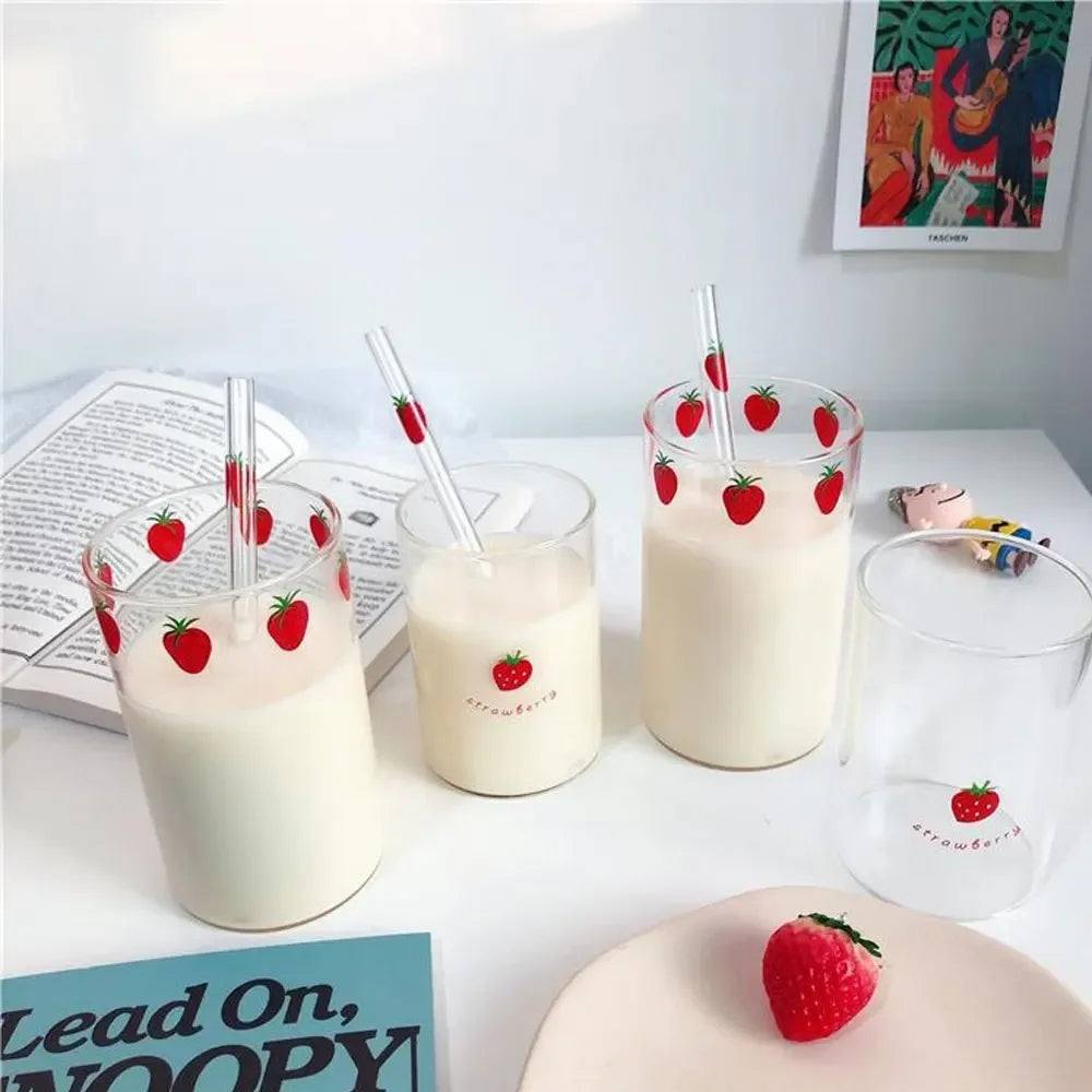 Strawberry Cute Glass Cup With Straw Creative Transparent Water Cup Student Milk Heat Resistant Glass 300ml
