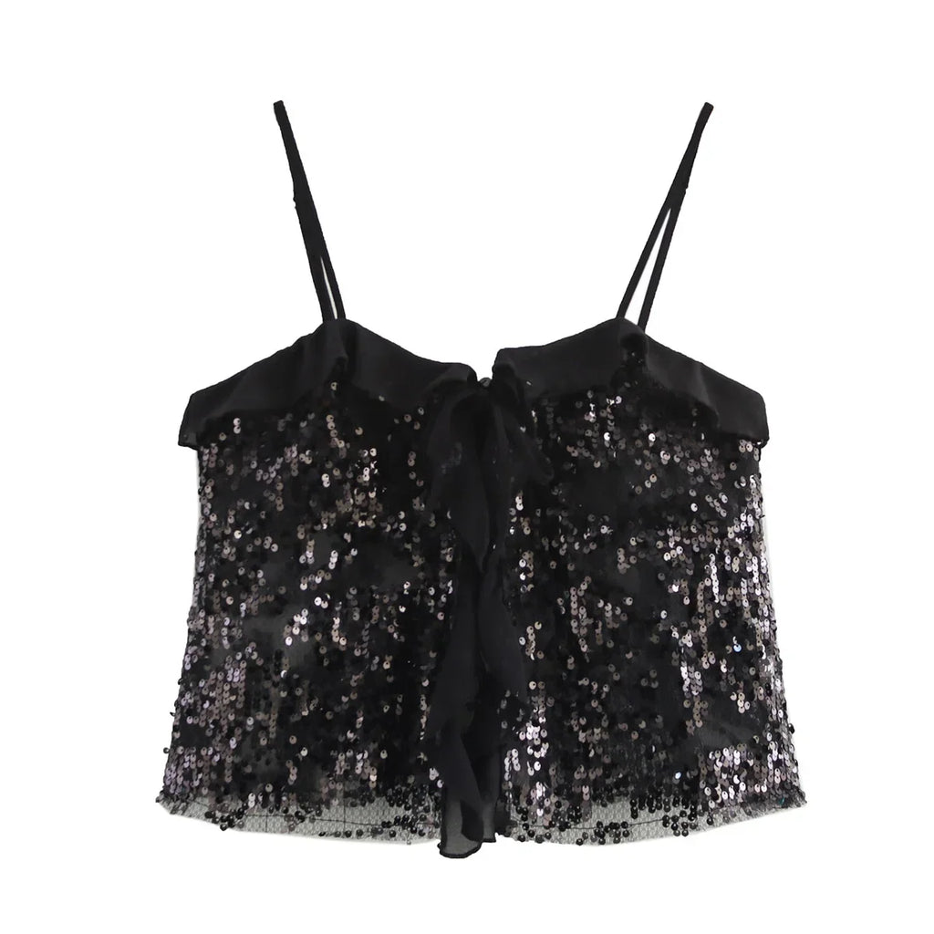 Women Chic Pleat Ruffles Sequined Design Chiffon Sling Camis Tank Lady Backless Short Crop Shirt Blouse Tops