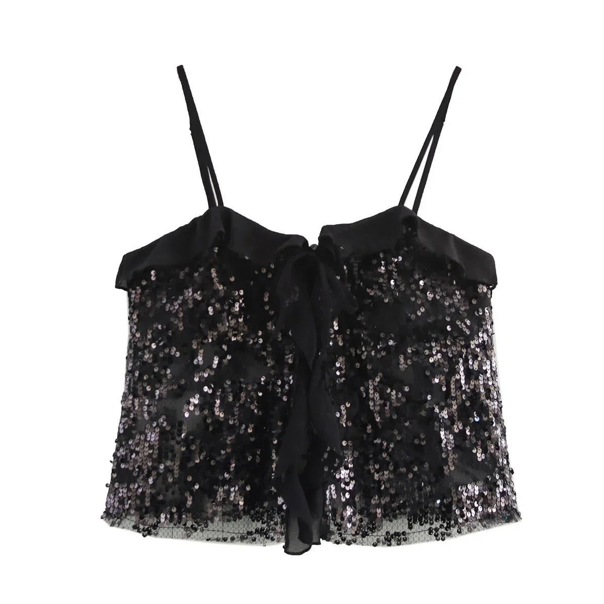 Women Chic Pleat Ruffles Sequined Design Chiffon Sling Camis Tank Lady Backless Short Crop Shirt Blouse Tops