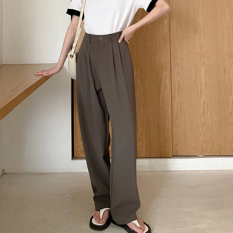 High Waist Women Suit Pants Fall Straight Office Ladies Fashion Trousers Casual Button Loose