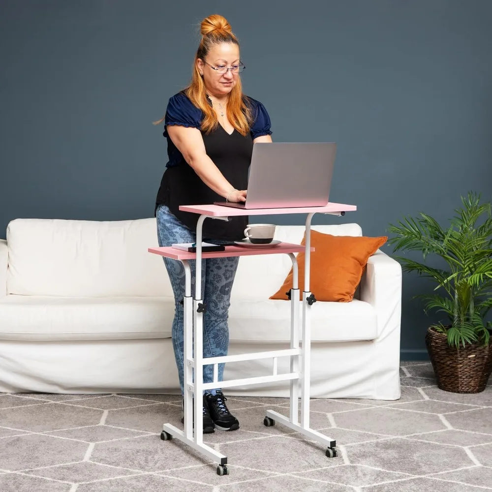 Pink Standing Desk, Adjustable Height, Computer Desk, Laptop Desk, Portable, Rolling, 15" L x 22" W x 39" H