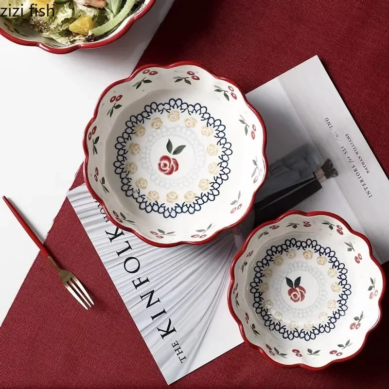 Cherry Ceramic Bowl Retro Vegetable Salad Bowl Fruit Bowl Steamed Egg Bowls Dessert Snack Bowls Restaurant Ceramic Tableware