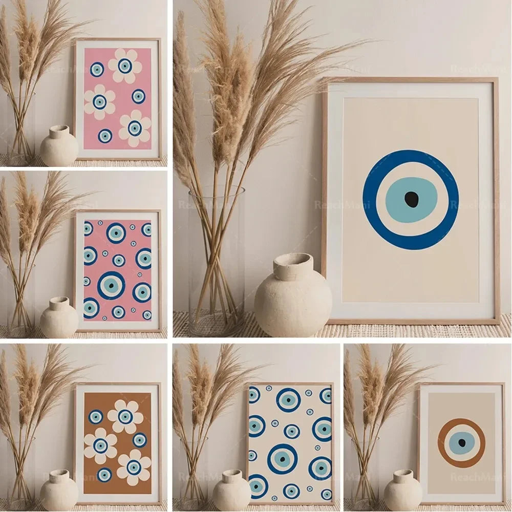 Traditional Evil Eye Flowers Pink Wall Art  MidCentury Modern Boho Decor Minimalist Digital Print Printable Canvas Painting
