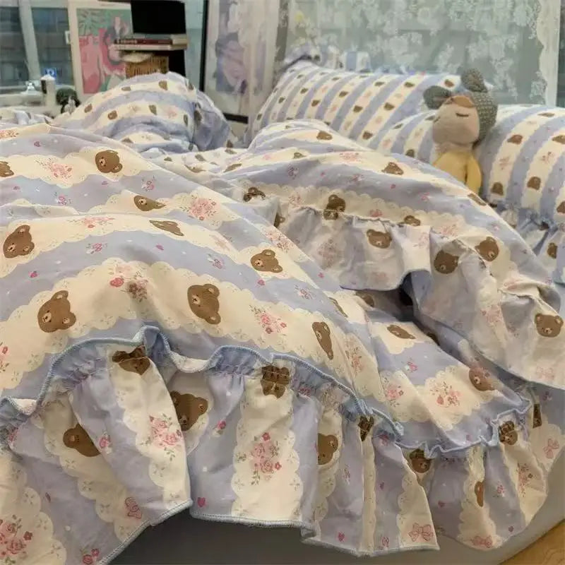 Princess Floral Bedding Set Washed Cotton Vintage French Flowers Lace ruffles Duvet Cover Set Pillowcase