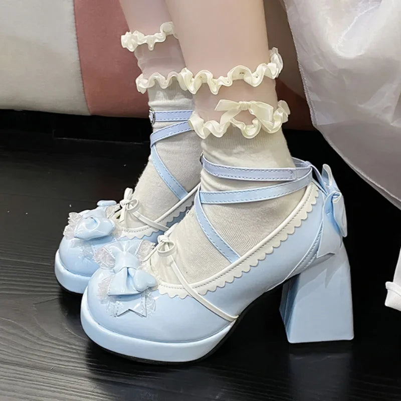 Round Toe Square Heel Increased Fashion Elegant High Heel Women's Shoes Bow Decorated Mary Jane Shoes