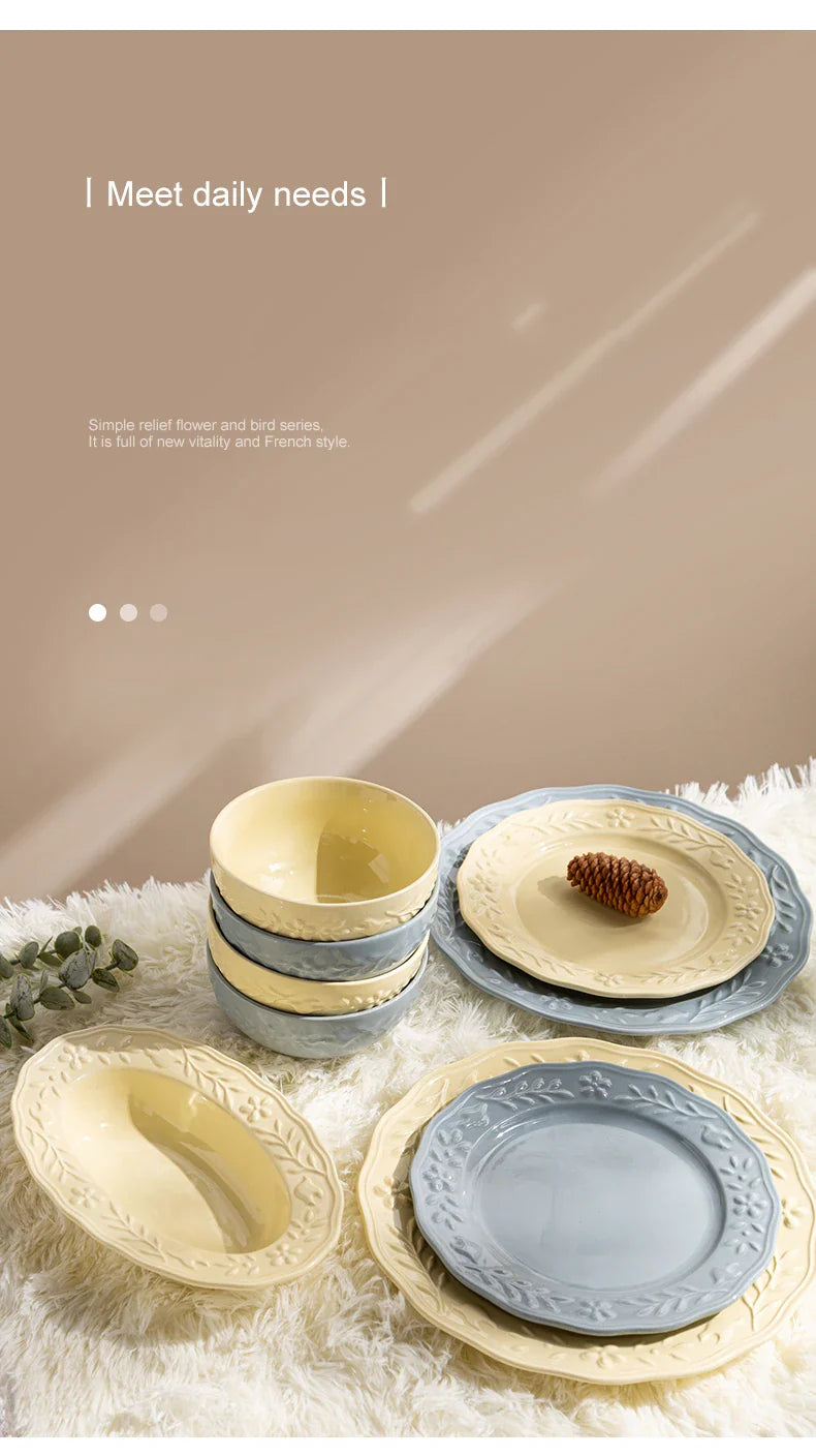 Glossy Solid Ceramic Serving Plate Floral Print Cute Bowl Versatile Dishes Simple Kitchen Tablewares