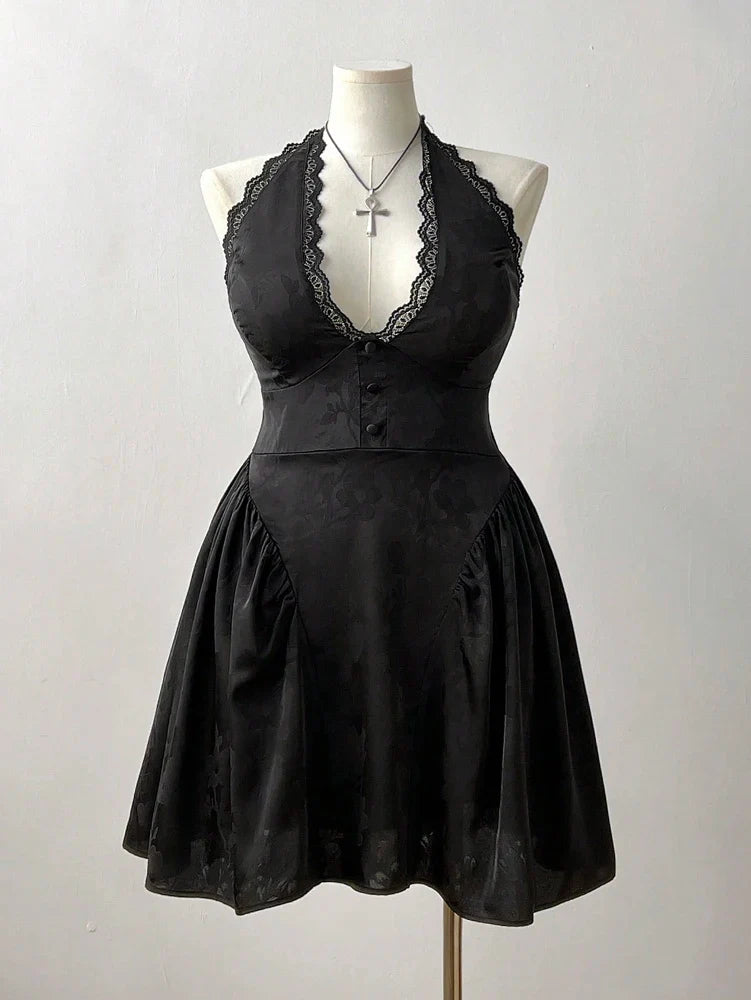 Plus Size New French Jacquard Neck Sexy Dress Solid Color V-Neck Lace Lace Back Cutout Polyester Material