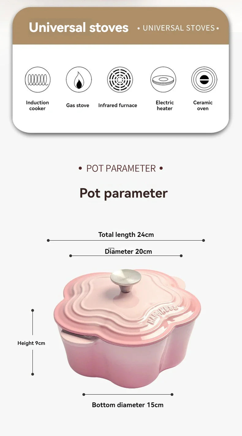 Petal Cast Iron Dutch Oven Binaural Enamel Pot for Bake Bread and Casserole Dish Braising With Lid For All Heat Source