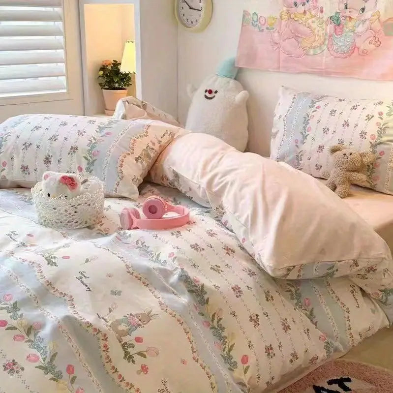 Cute Cartoon Bedding Set New No Filler Ins Soft Duvet Cover Flat Sheet Pillowcases Comforter Cover