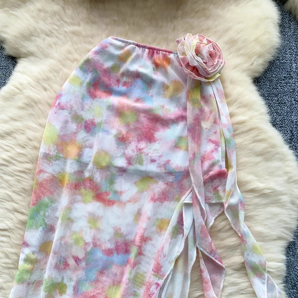 Flower Strapless Halter Tank Top and Split Ribbon Skirt Two Piece Set