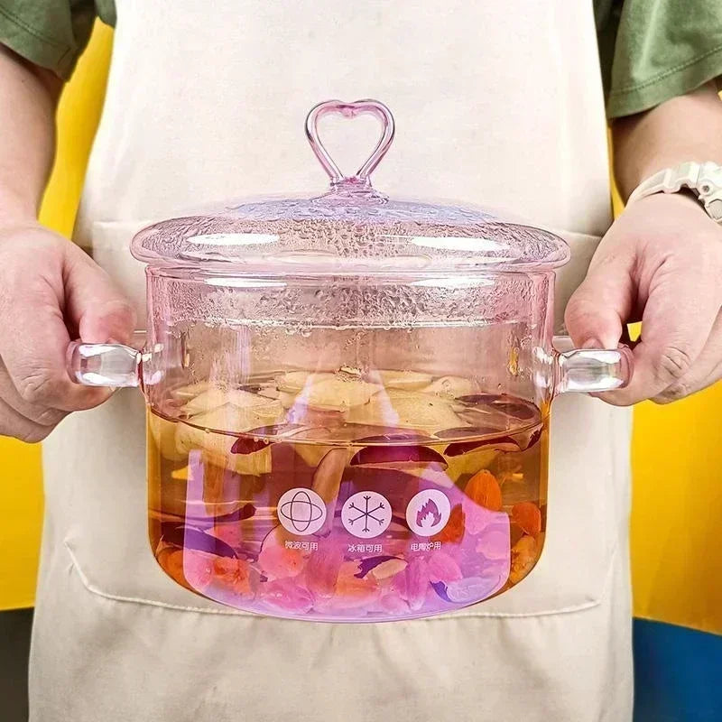 Pink Transparent Glass Pot for Cooking Heat-resistant Binaural Handle / Soup Bowl Kitchen Stock Pot