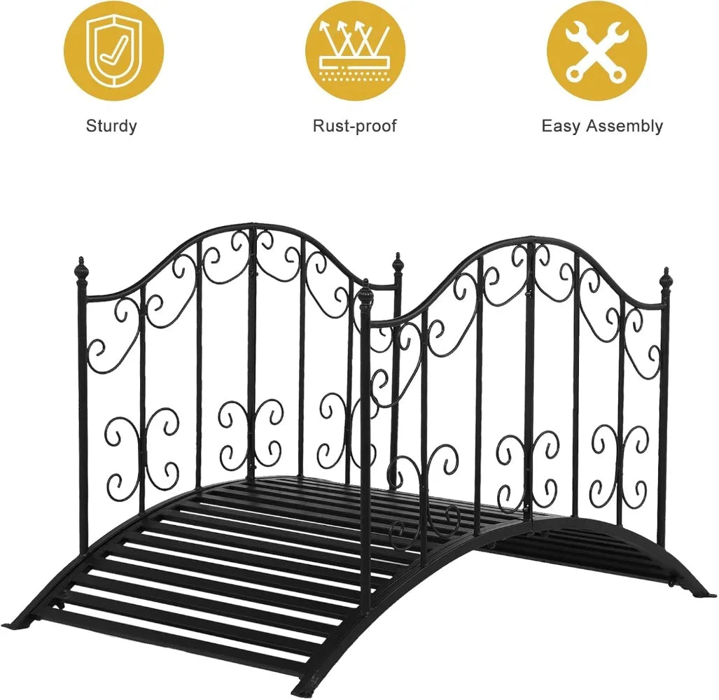 Garden Bridge Metal Yard Arch Path Bridge with Patterned Guardrails, Ourdoor Decorative Black Iron Foot Bridge for Pond