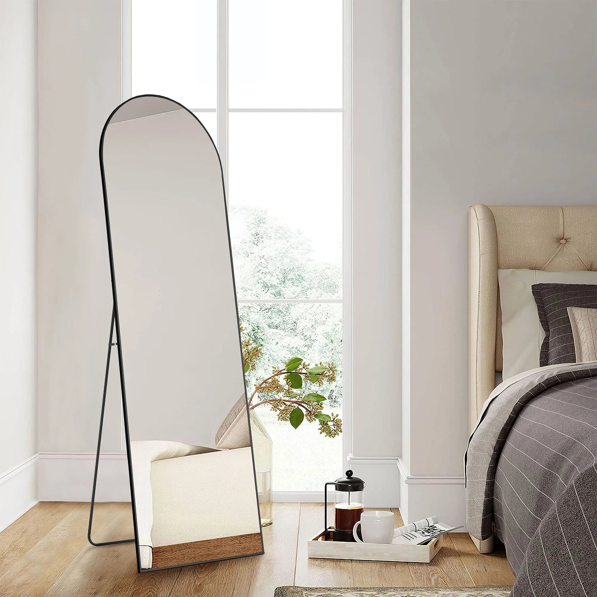 Full Length Arched Right Angle Mirror with Stand, Sturdy Aluminum Alloy Frame